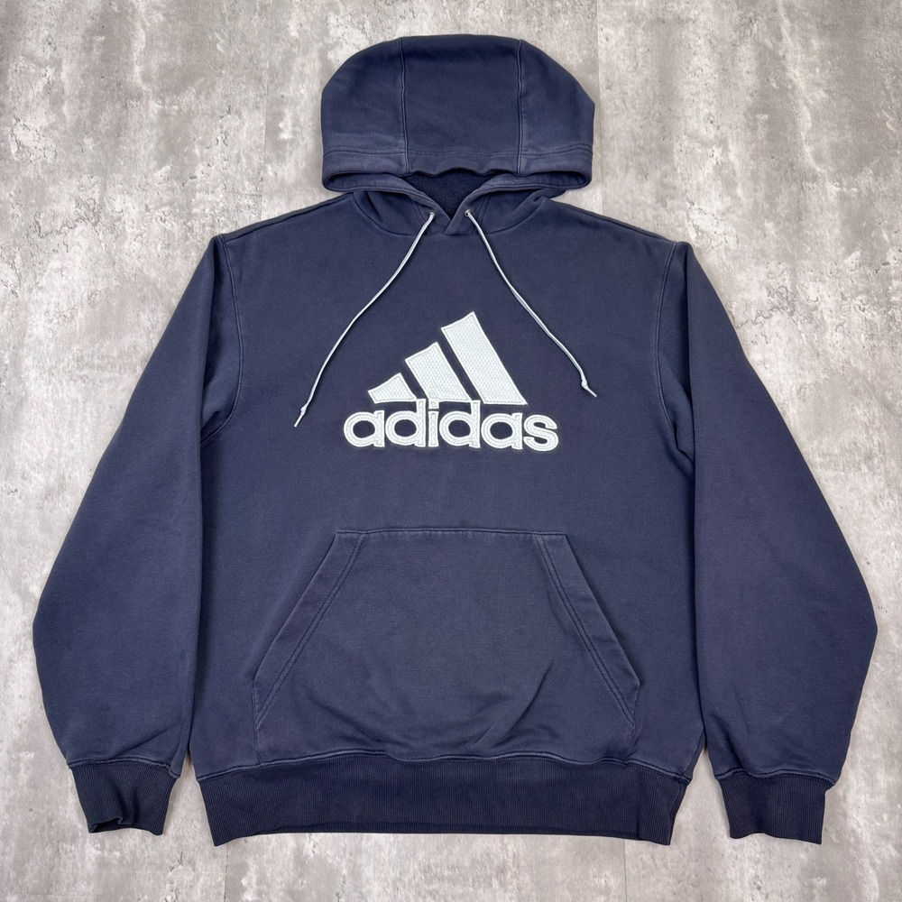 Vintage Adidas Hoodie Mens Medium Blue Tre Foil Skate Logo Sweatshirt Y2K